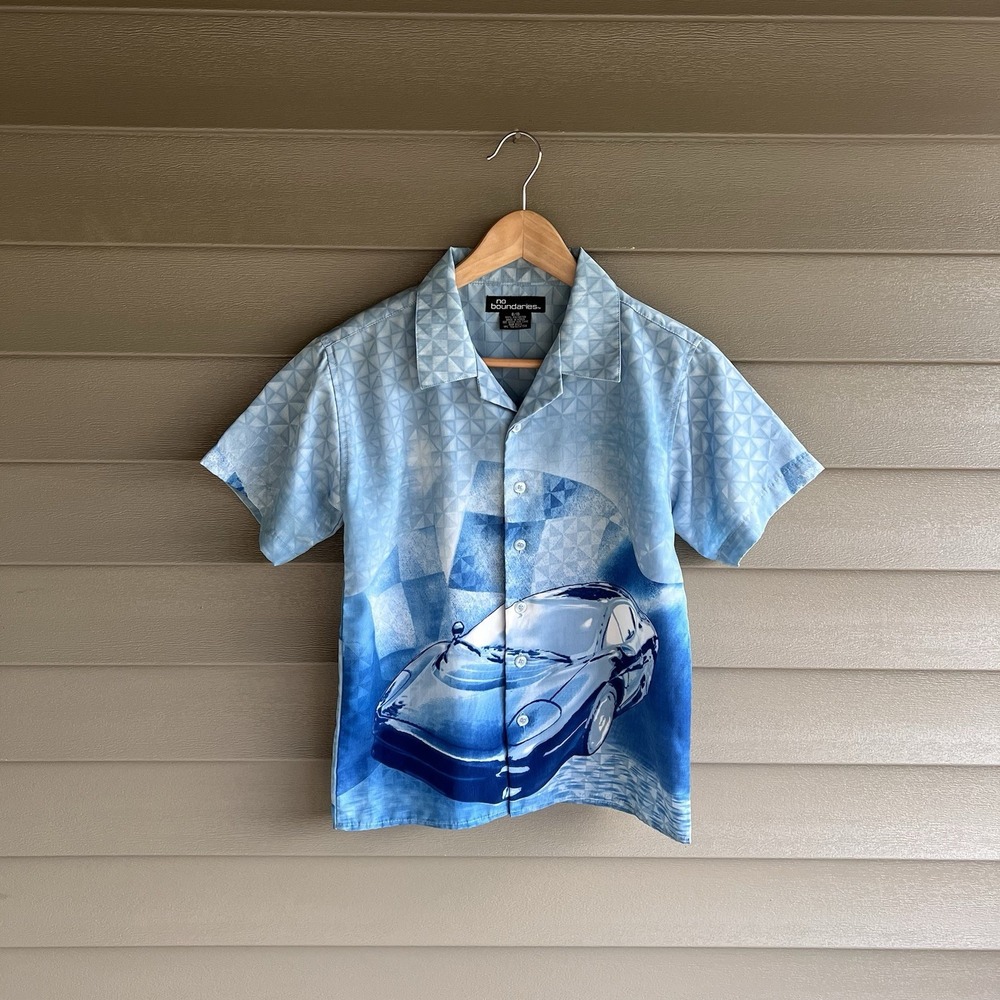 No Boundaries Kids 8/10 Y2K Car Graphic Button Up Shirt Blue Racing